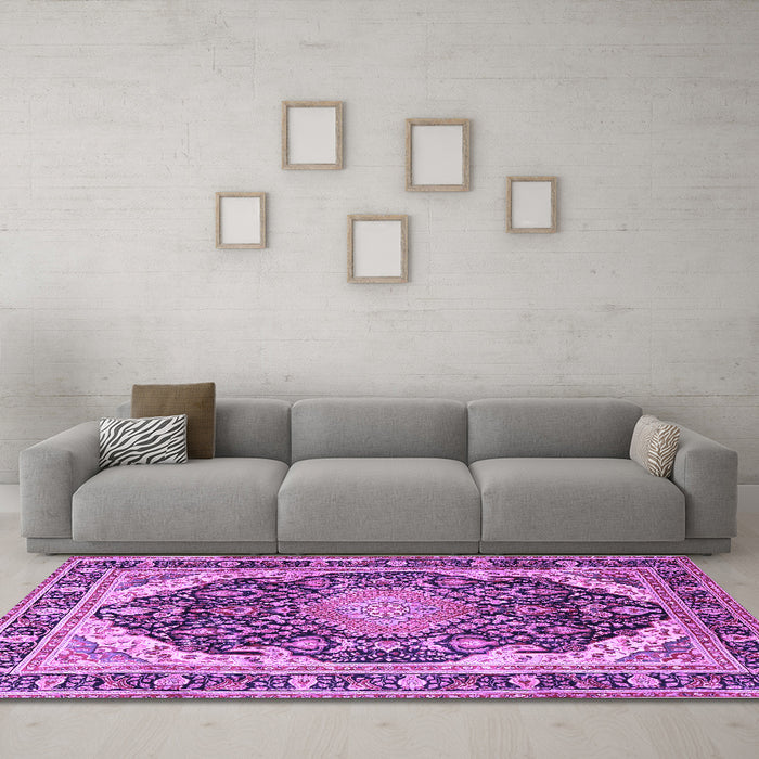 Machine Washable Persian Purple Traditional Area Rugs in a Living Room, wshtr4497pur
