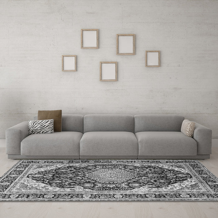 Machine Washable Persian Gray Traditional Rug in a Living Room,, wshtr4497gry
