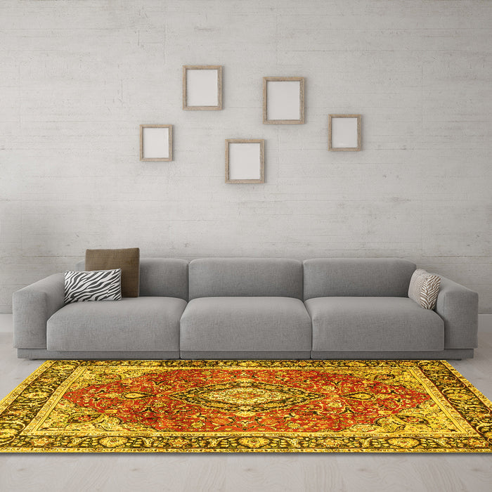 Machine Washable Medallion Yellow Traditional Rug in a Living Room, wshtr4498yw