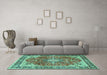 Machine Washable Medallion Turquoise Traditional Area Rugs in a Living Room,, wshtr4498turq