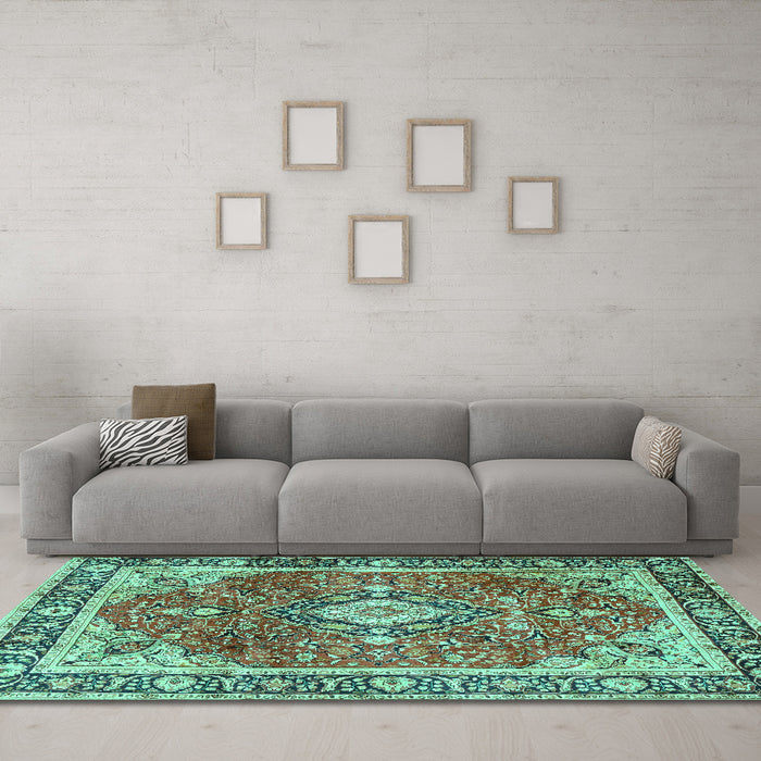 Machine Washable Medallion Turquoise Traditional Area Rugs in a Living Room,, wshtr4498turq