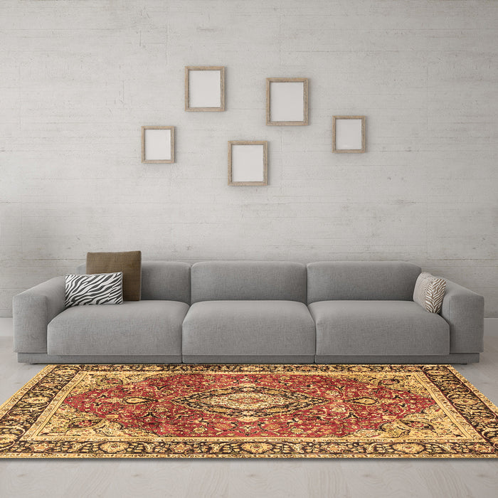 Machine Washable Medallion Brown Traditional Rug in a Living Room,, wshtr4498brn