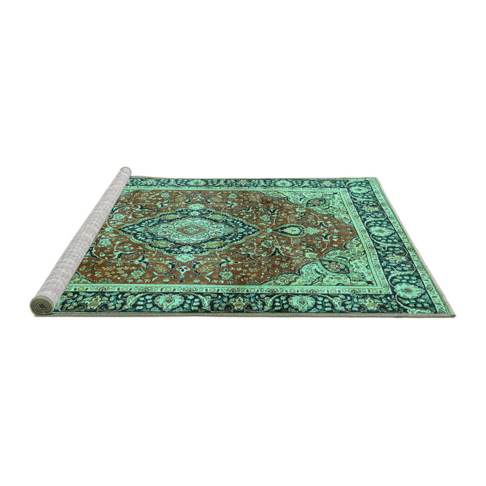 Sideview of Machine Washable Medallion Turquoise Traditional Area Rugs, wshtr4498turq