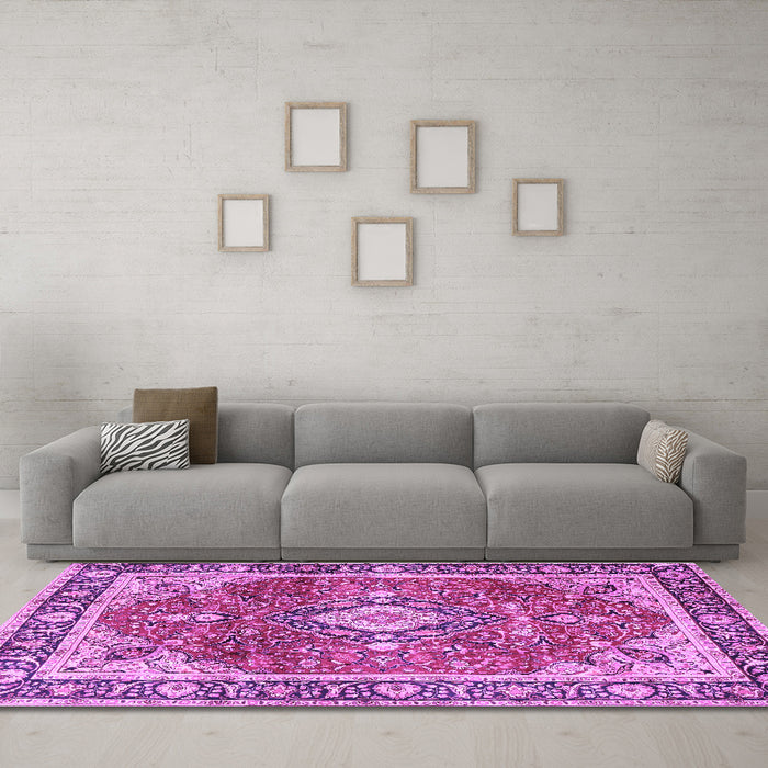 Machine Washable Medallion Purple Traditional Area Rugs in a Living Room, wshtr4498pur
