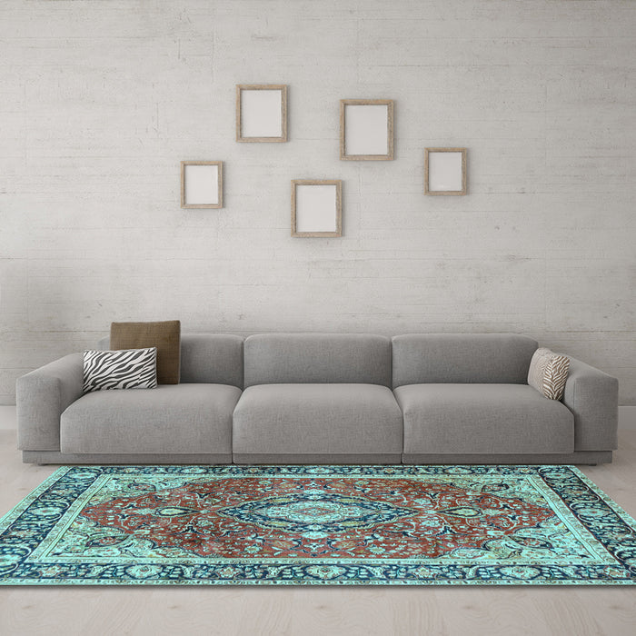 Machine Washable Medallion Light Blue Traditional Rug in a Living Room, wshtr4498lblu