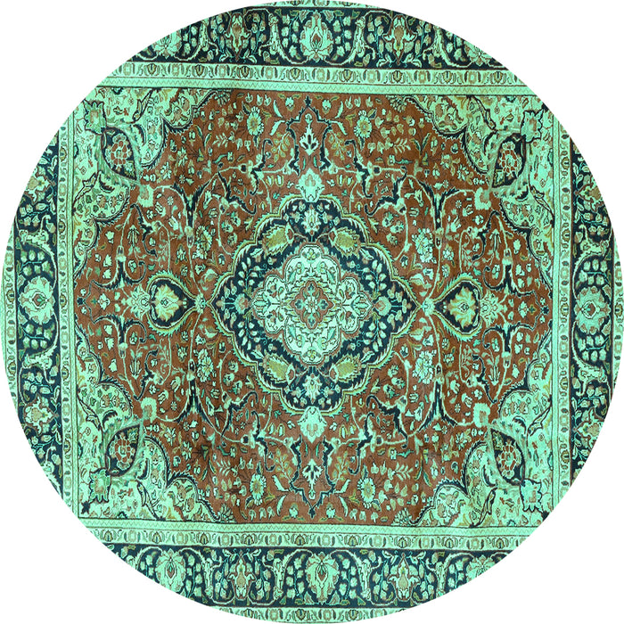 Round Machine Washable Medallion Turquoise Traditional Area Rugs, wshtr4498turq