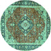 Round Machine Washable Medallion Turquoise Traditional Area Rugs, wshtr4498turq