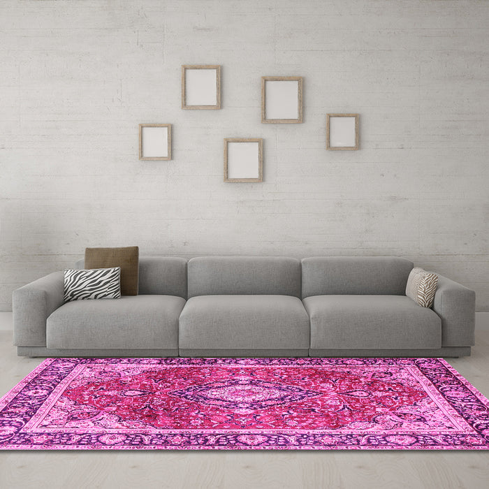 Machine Washable Medallion Pink Traditional Rug in a Living Room, wshtr4498pnk