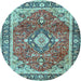 Round Machine Washable Medallion Light Blue Traditional Rug, wshtr4498lblu