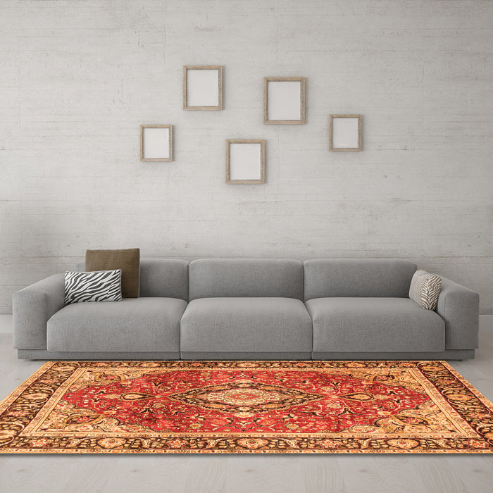 Machine Washable Medallion Orange Traditional Area Rugs in a Living Room, wshtr4498org