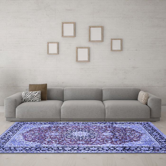 Machine Washable Medallion Blue Traditional Rug in a Living Room, wshtr449blu