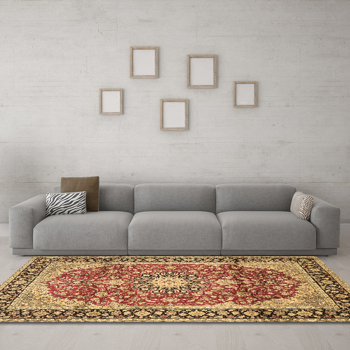 Machine Washable Medallion Brown Traditional Rug in a Living Room,, wshtr449brn
