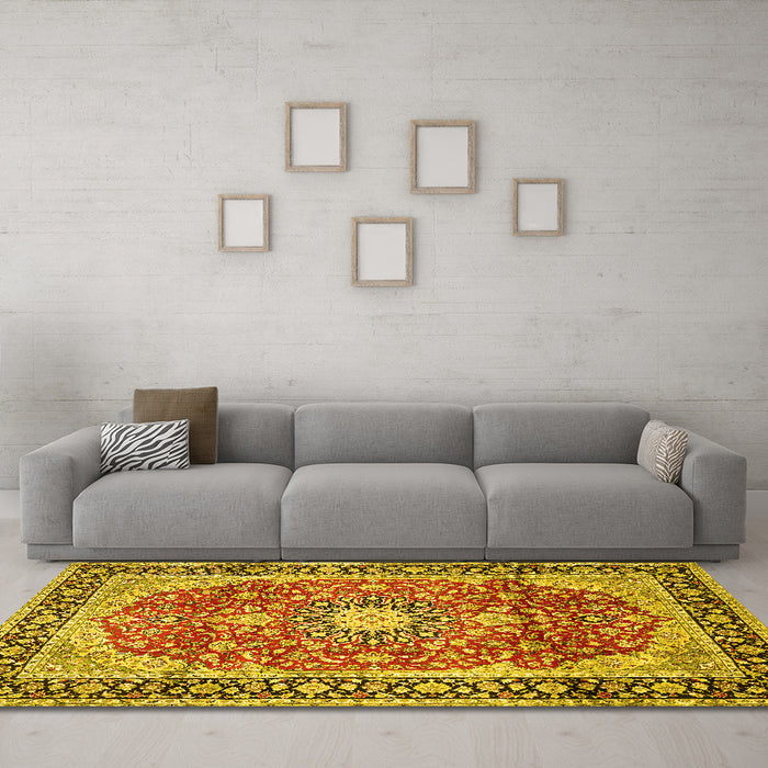 Machine Washable Medallion Yellow Traditional Rug in a Living Room, wshtr449yw