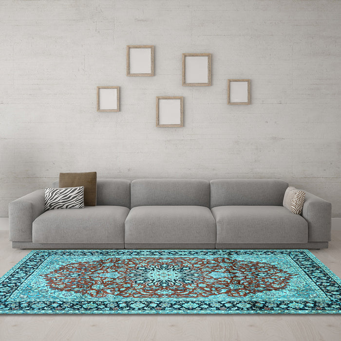 Machine Washable Medallion Light Blue Traditional Rug in a Living Room, wshtr449lblu