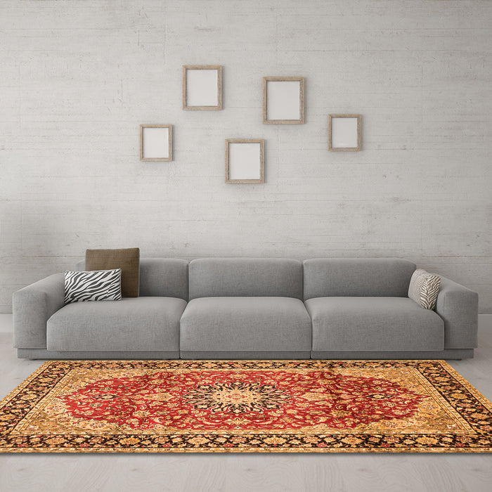Machine Washable Medallion Orange Traditional Area Rugs in a Living Room, wshtr449org
