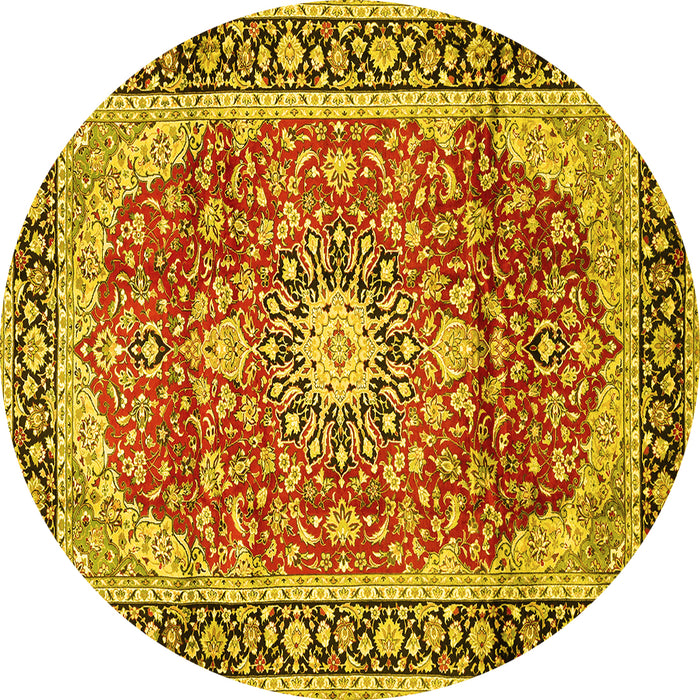 Round Machine Washable Medallion Yellow Traditional Rug, wshtr449yw
