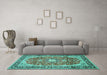 Machine Washable Medallion Turquoise Traditional Area Rugs in a Living Room,, wshtr449turq