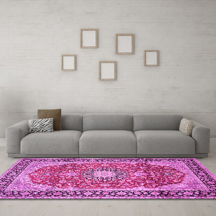 Machine Washable Medallion Pink Traditional Rug in a Living Room, wshtr449pnk