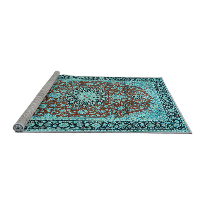 Sideview of Machine Washable Medallion Light Blue Traditional Rug, wshtr449lblu