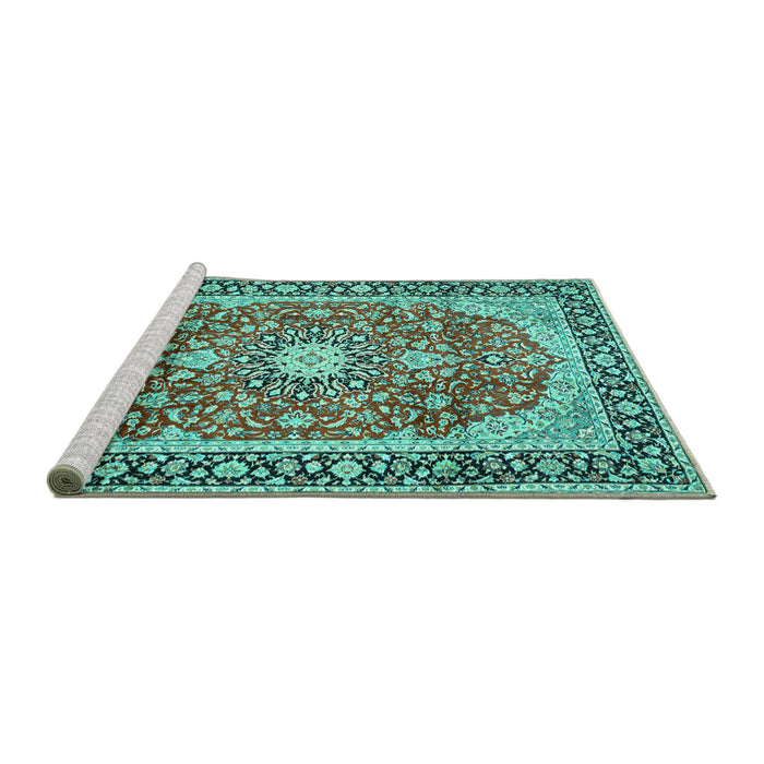 Sideview of Machine Washable Medallion Turquoise Traditional Area Rugs, wshtr449turq