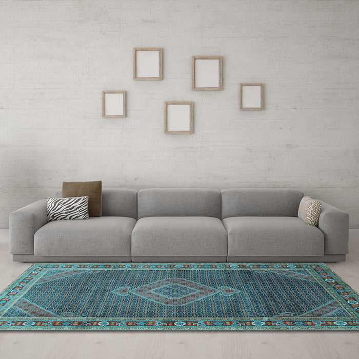 Machine Washable Medallion Light Blue Traditional Rug in a Living Room, wshtr44lblu
