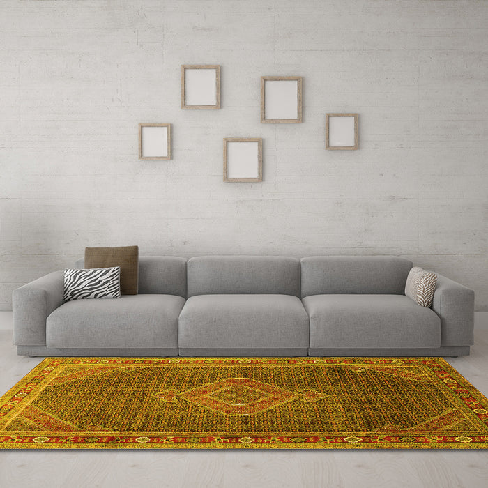Machine Washable Medallion Yellow Traditional Rug in a Living Room, wshtr44yw