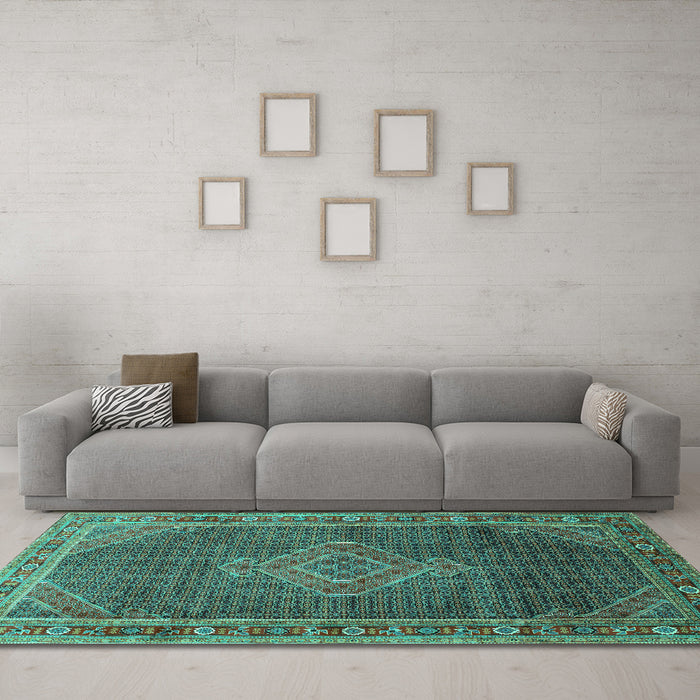 Machine Washable Medallion Turquoise Traditional Area Rugs in a Living Room,, wshtr44turq