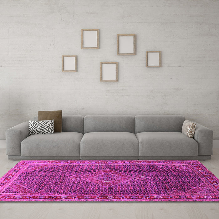 Machine Washable Medallion Pink Traditional Rug in a Living Room, wshtr44pnk