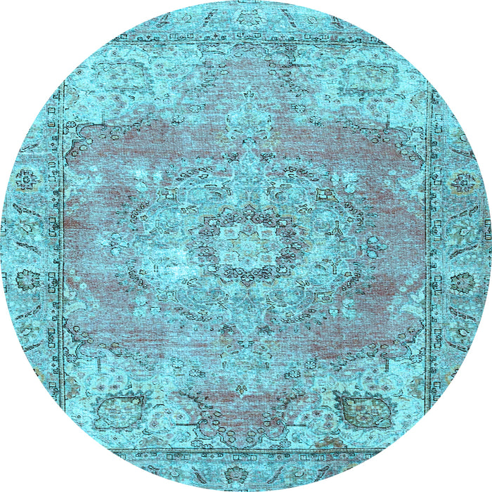 Round Machine Washable Medallion Light Blue Traditional Rug, wshtr4501lblu
