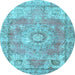 Round Machine Washable Medallion Light Blue Traditional Rug, wshtr4501lblu