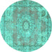 Round Machine Washable Medallion Turquoise Traditional Area Rugs, wshtr4501turq