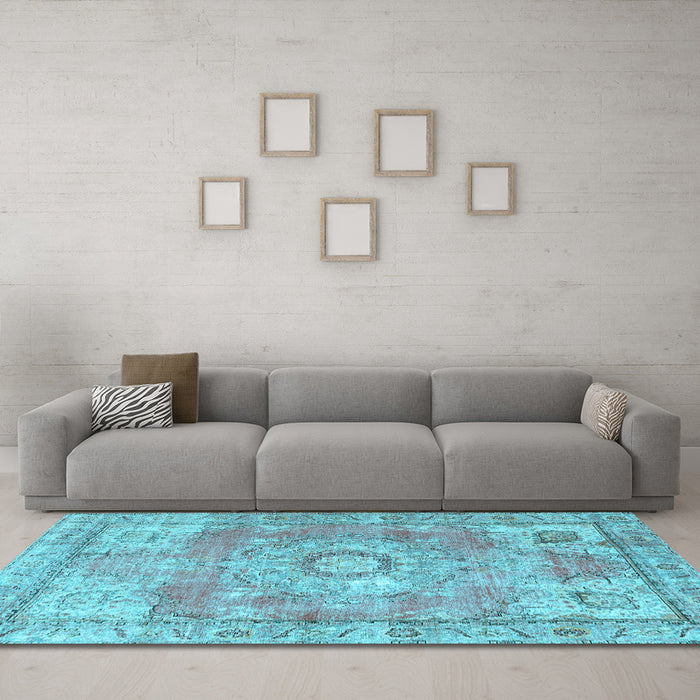 Machine Washable Medallion Light Blue Traditional Rug in a Living Room, wshtr4501lblu