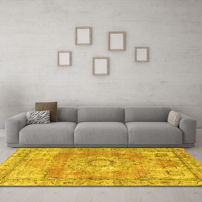 Machine Washable Medallion Yellow Traditional Rug in a Living Room, wshtr4501yw