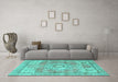 Machine Washable Medallion Turquoise Traditional Area Rugs in a Living Room,, wshtr4501turq