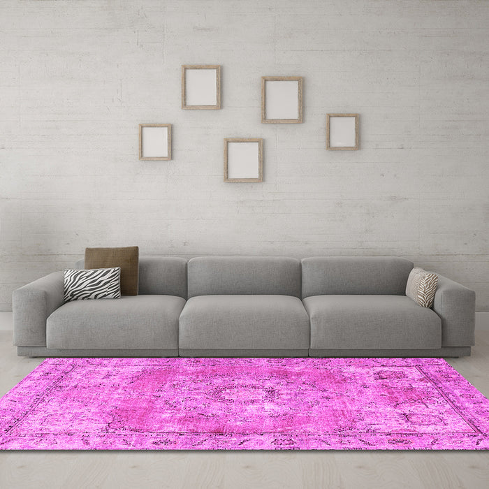 Machine Washable Medallion Pink Traditional Rug in a Living Room, wshtr4501pnk