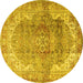 Round Machine Washable Medallion Yellow Traditional Rug, wshtr4502yw