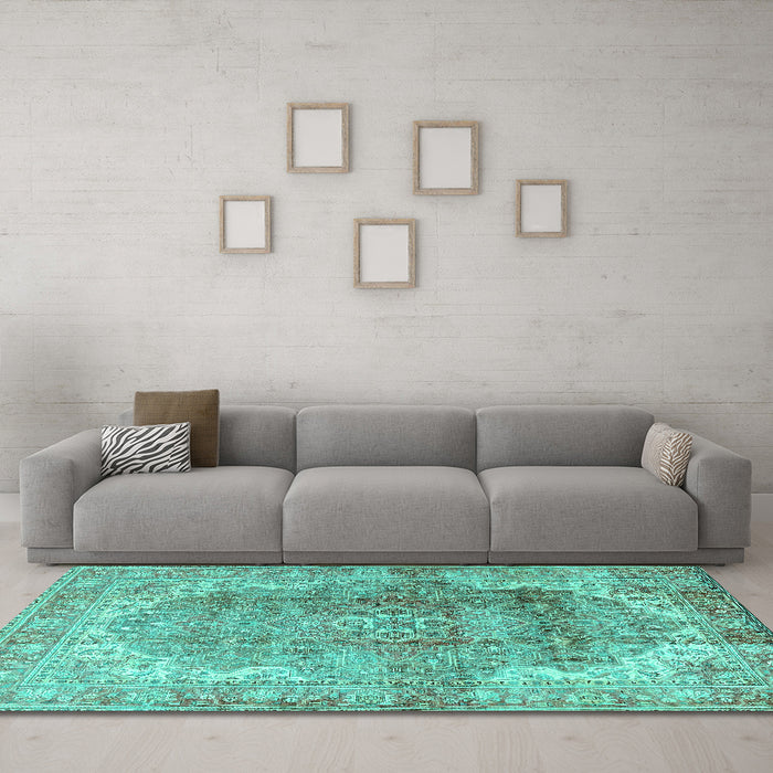 Machine Washable Medallion Turquoise Traditional Area Rugs in a Living Room,, wshtr4502turq