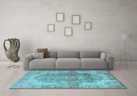 Machine Washable Medallion Light Blue Traditional Rug, wshtr4502lblu