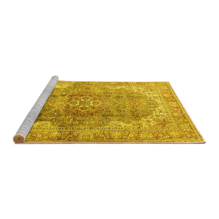 Sideview of Machine Washable Medallion Yellow Traditional Rug, wshtr4502yw