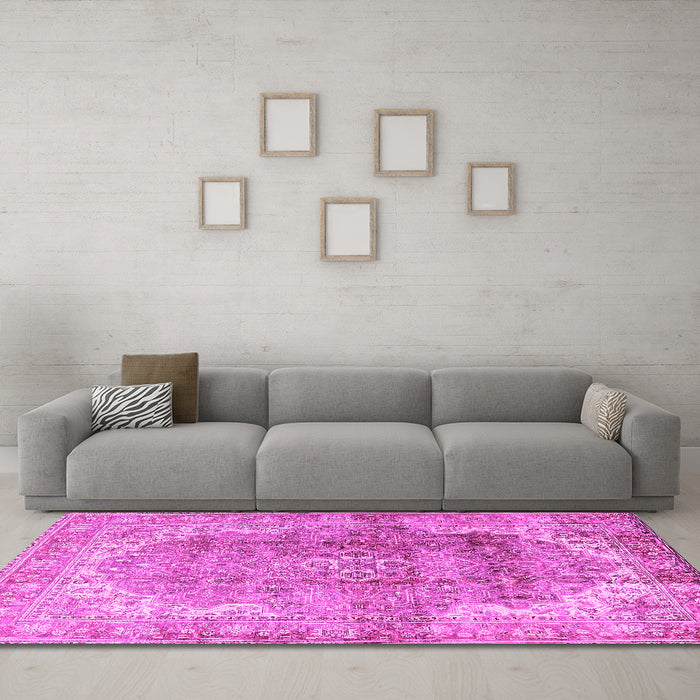 Machine Washable Medallion Pink Traditional Rug in a Living Room, wshtr4502pnk