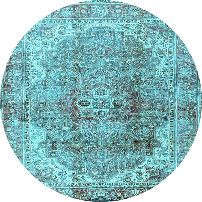 Round Machine Washable Medallion Light Blue Traditional Rug, wshtr4502lblu