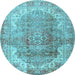 Round Machine Washable Medallion Light Blue Traditional Rug, wshtr4502lblu