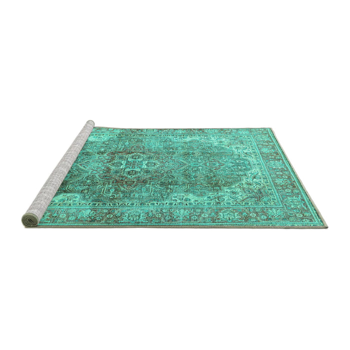 Sideview of Machine Washable Medallion Turquoise Traditional Area Rugs, wshtr4502turq