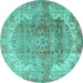 Round Machine Washable Medallion Turquoise Traditional Area Rugs, wshtr4502turq