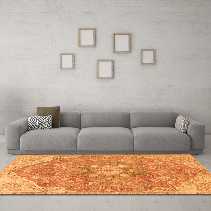 Machine Washable Medallion Orange Traditional Area Rugs in a Living Room, wshtr4504org