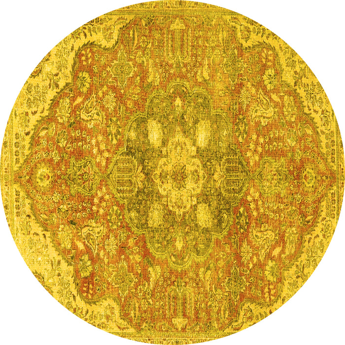 Round Machine Washable Medallion Yellow Traditional Rug, wshtr4504yw