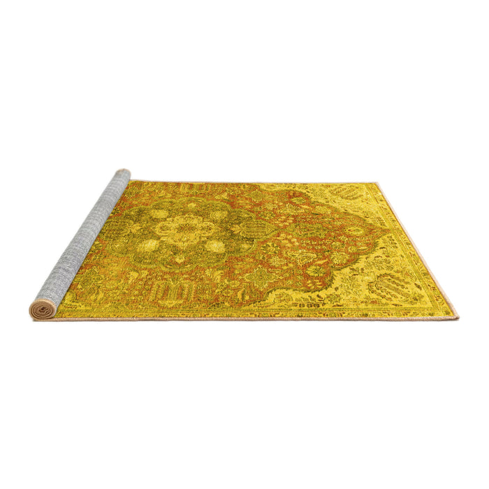 Sideview of Machine Washable Medallion Yellow Traditional Rug, wshtr4504yw