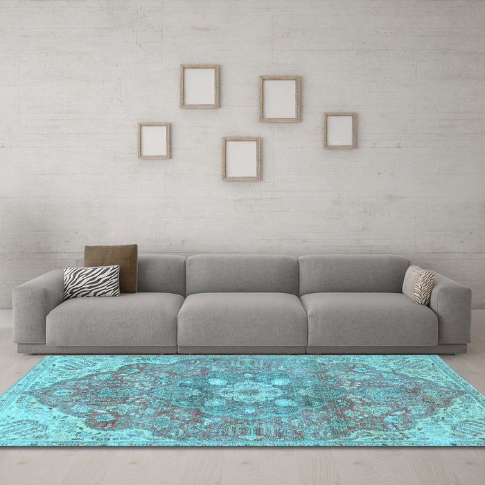 Machine Washable Medallion Light Blue Traditional Rug in a Living Room, wshtr4504lblu