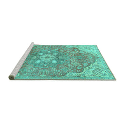 Sideview of Machine Washable Medallion Turquoise Traditional Area Rugs, wshtr4504turq