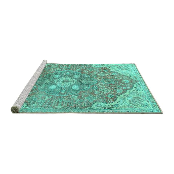 Sideview of Machine Washable Medallion Turquoise Traditional Area Rugs, wshtr4504turq